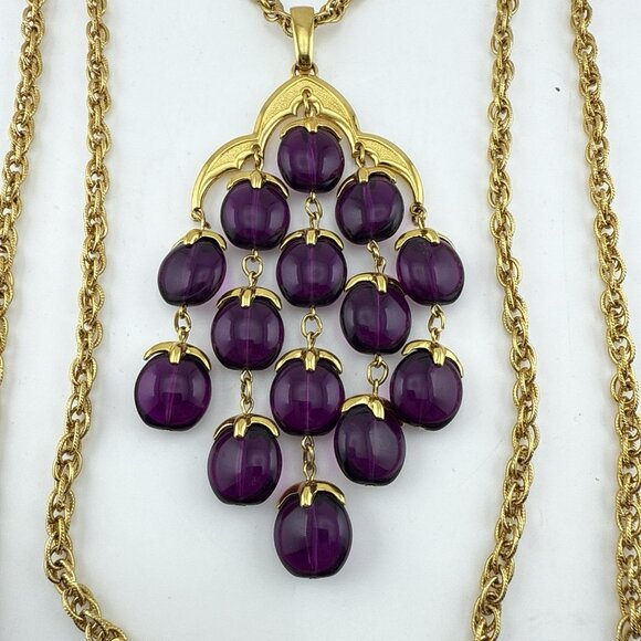 Vintage Trifari Waterfall Necklace Purple Lucite Gold Tone Alfred Phillipe - Picture 8 of 16